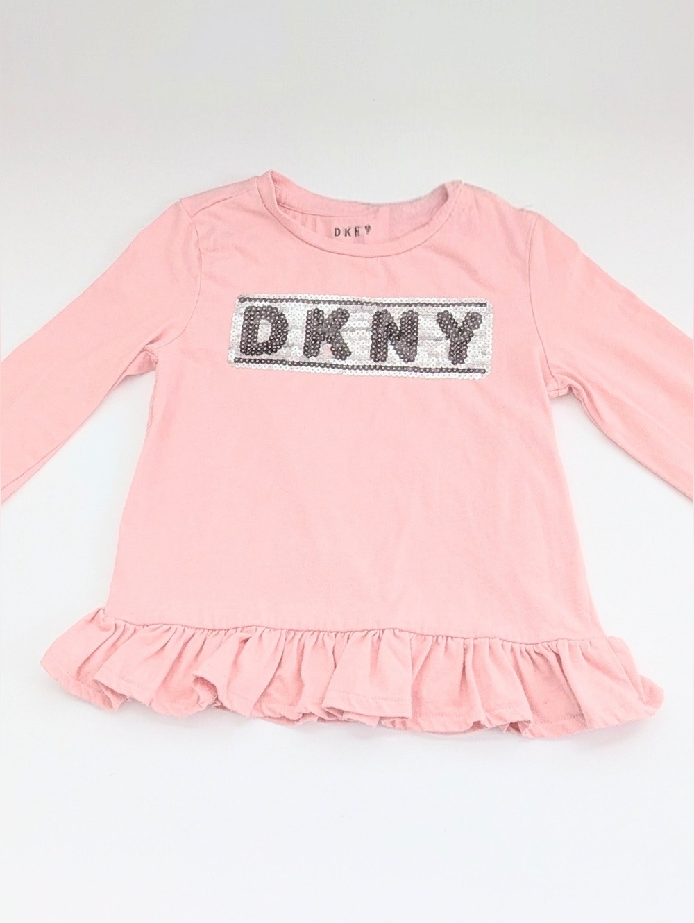 DKNY Girls' (Size 6) Long Sleeve Tee/Top w/Sequins Logo & Ruffled Hem